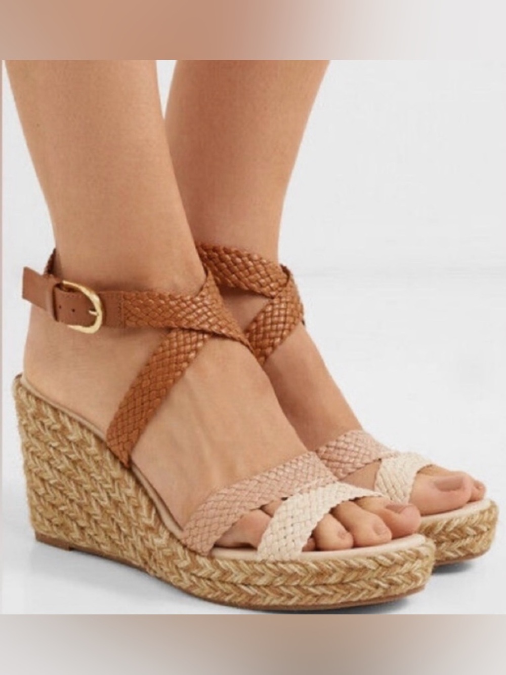 Stuart Weitzman Elise Brown, Tan & Cream Braided Wedge Sandals - Picture 5 of 9